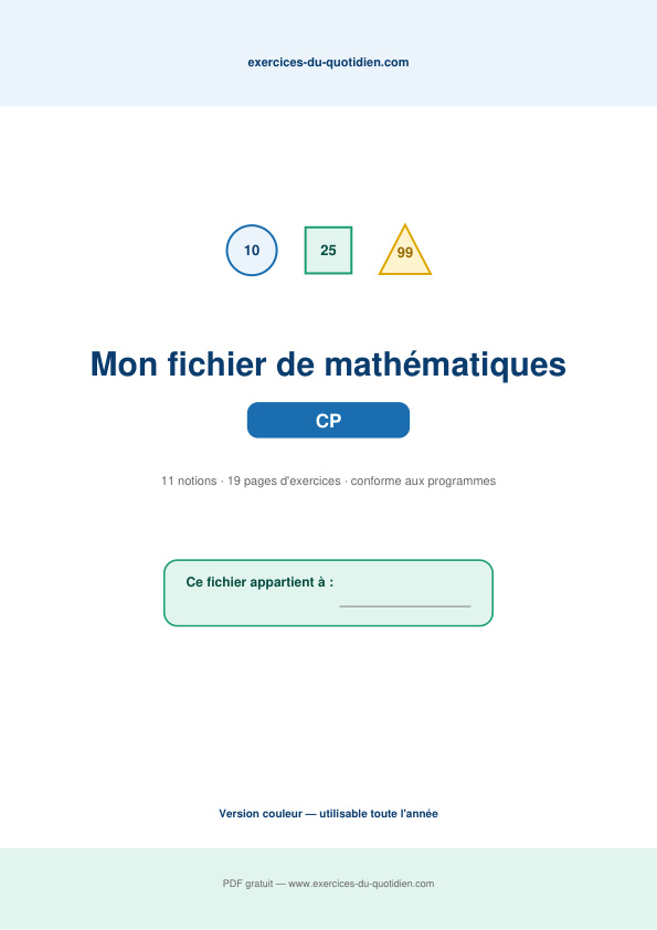 Exercices CP Maths — Fichier complet de mathématiques — fiche PDF à imprimer