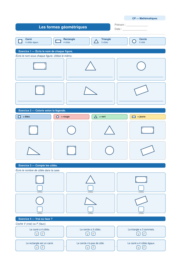 Exercices CP Maths — Les formes géométriques — fiche PDF à imprimer
