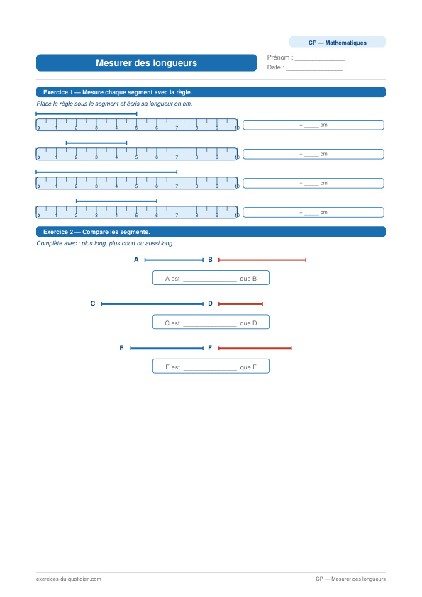 Exercices CP Maths — Mesurer des longueurs — fiche PDF à imprimer