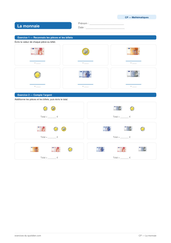 Exercices CP Maths — La monnaie — fiche PDF à imprimer