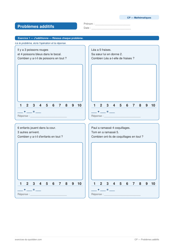 Exercices CP Maths — Problèmes additifs — fiche PDF à imprimer