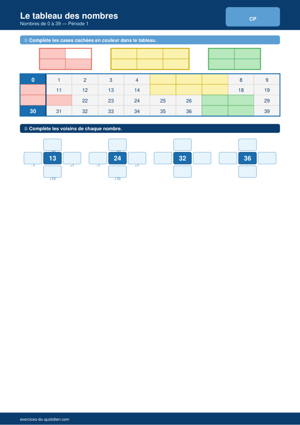 Exercices CP Maths — Tableau des nombres — fiche PDF à imprimer